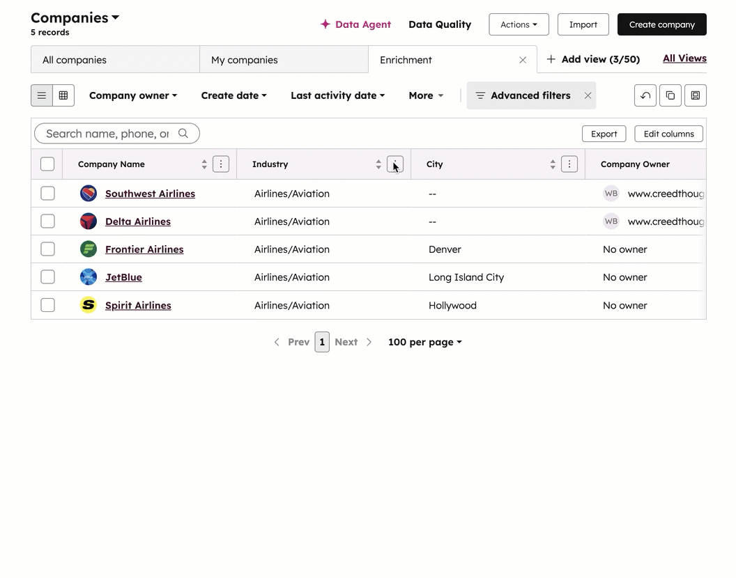HubSpot Smart Properties automatically enriching CRM company data fields like industry and location using AI
