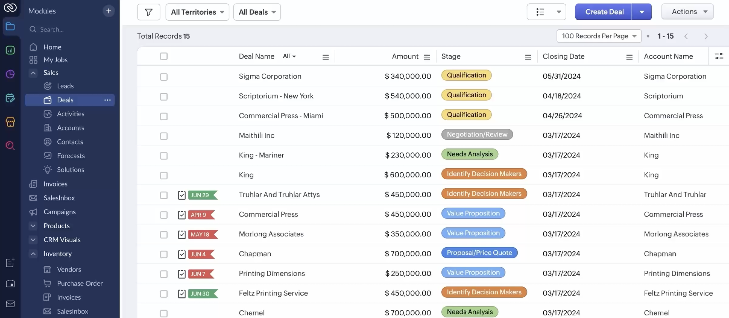 Zoho CRM deals pipeline dashboard showing sales stages, deal values, and customer accounts for managing sales processes