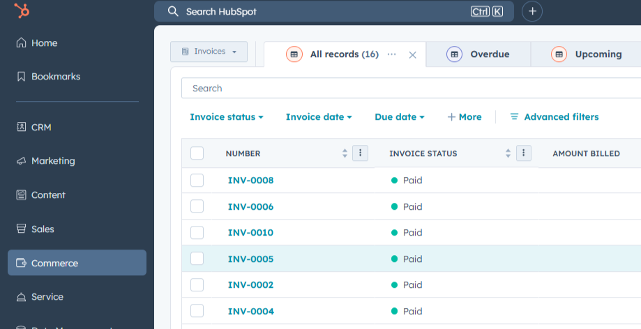 HubSpot Xero integration showing invoice status tracking with paid and overdue invoices inside the HubSpot dashboard