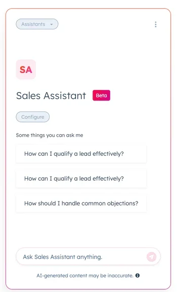 HubSpot Breeze Marketplace Sales Assistant AI agent showing example sales questions and CRM-connected responses