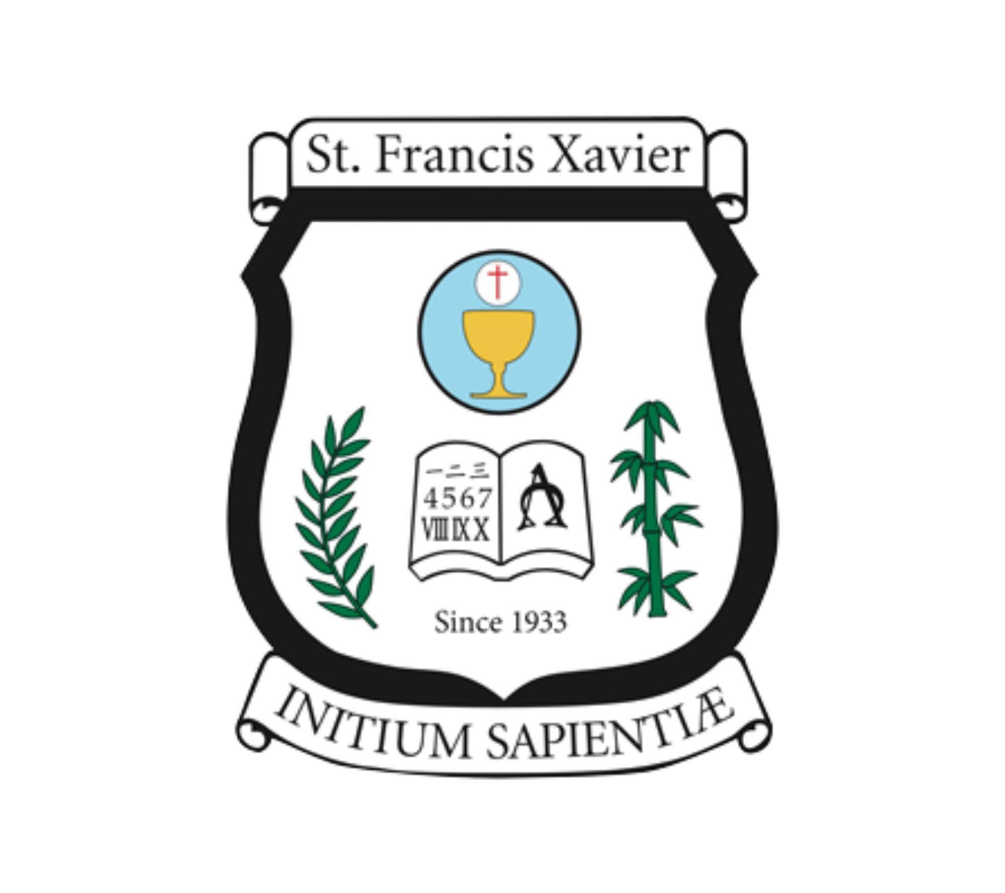 The badge features an open book, a chalice with a host, and green laurel and bamboo branches, with the text 'St. Francis Xavier' at the top and the Latin motto 'Initium Sapientiae' at the bottom.