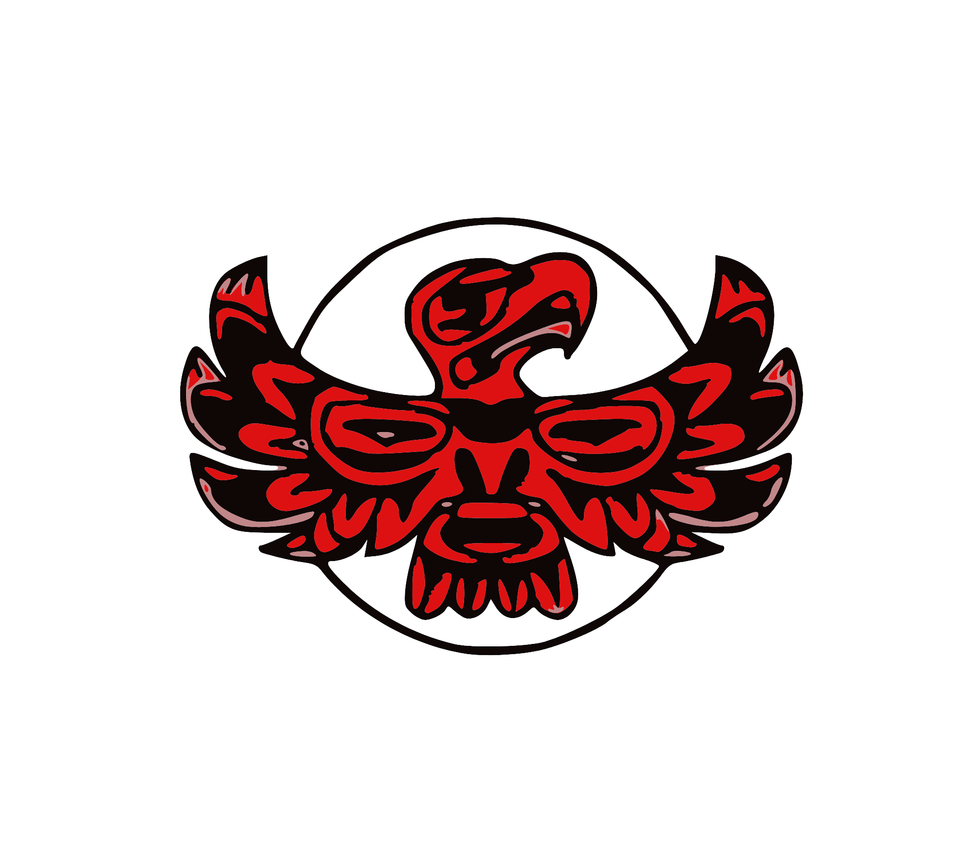 A stylized, red and black dragon with wings, facing forward, with a circular background.