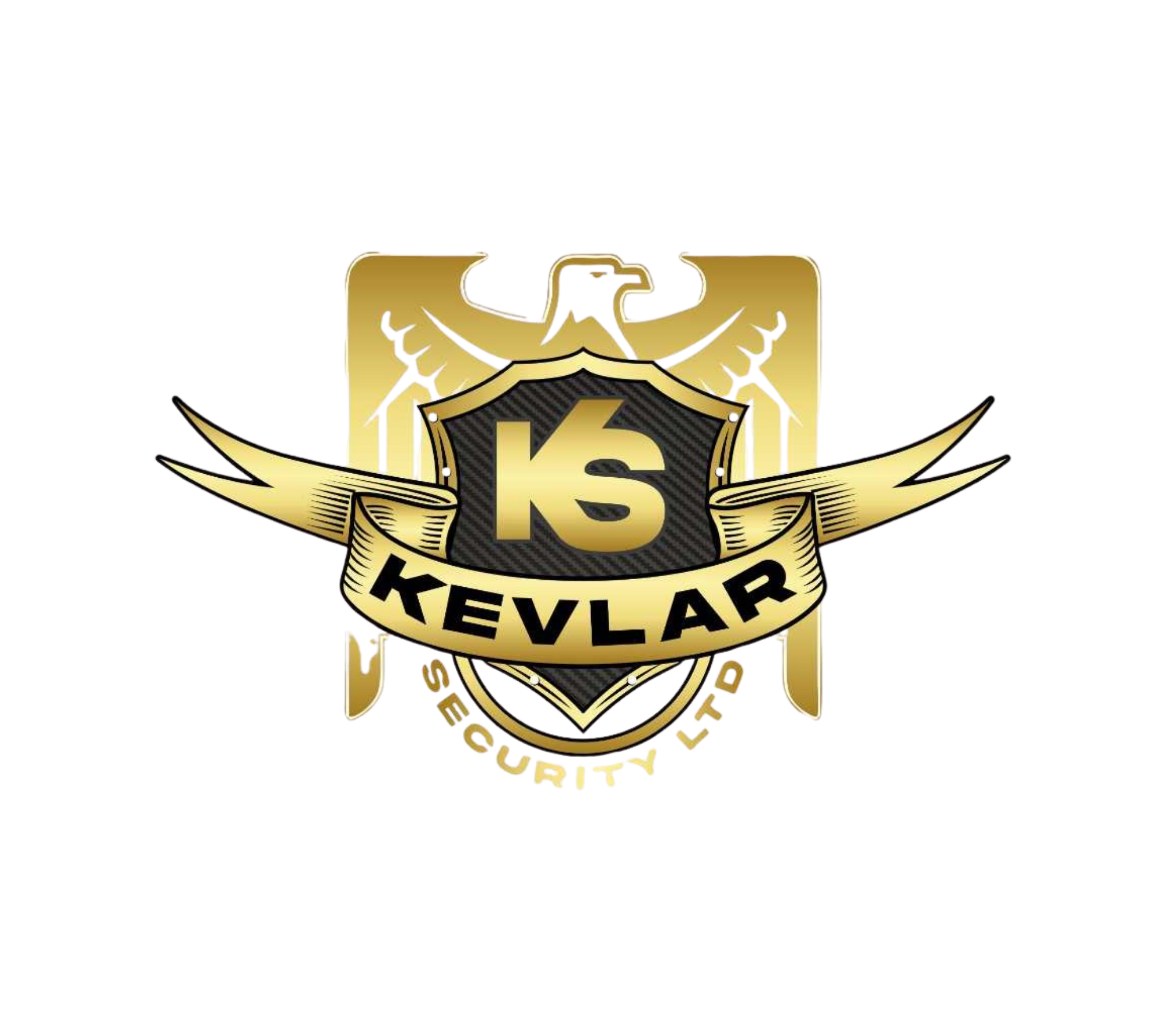 A gold and black crest with a shield featuring the letters 'KS' in the center and the word 'KEVLAR' on a ribbon below, flanked by two stylized birds with outspread wings.