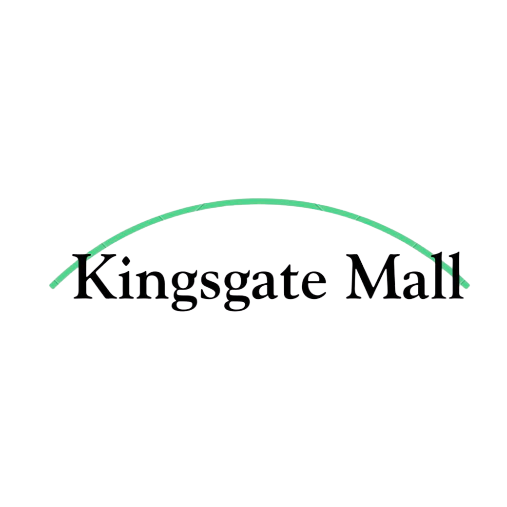 Logo of Kingsgate Mall with a curved green line above the black text on a white background.