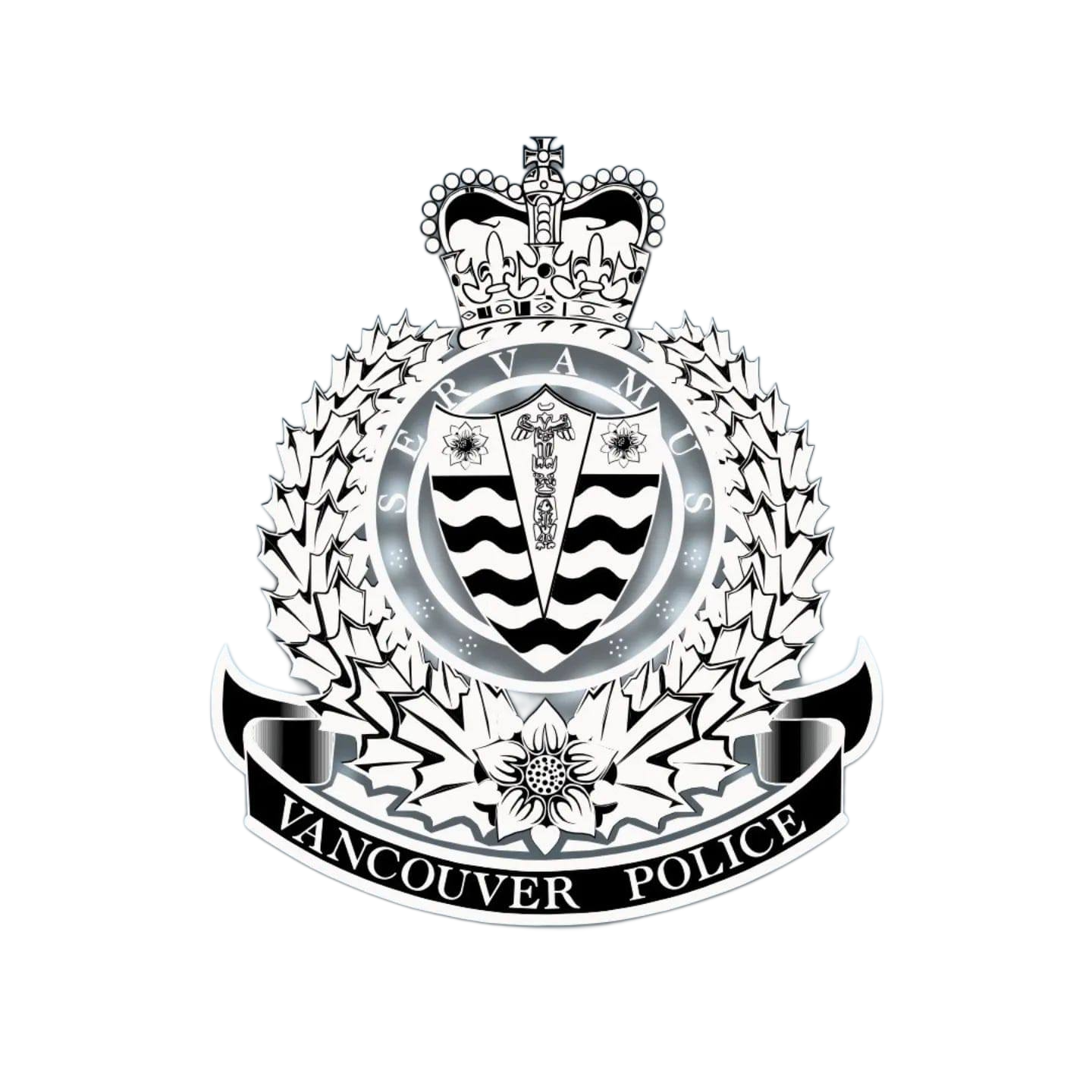 Vancouver Police badge with a crown on top, featuring a shield with a floral design, waves, and a sash reading "Vancouver Police."