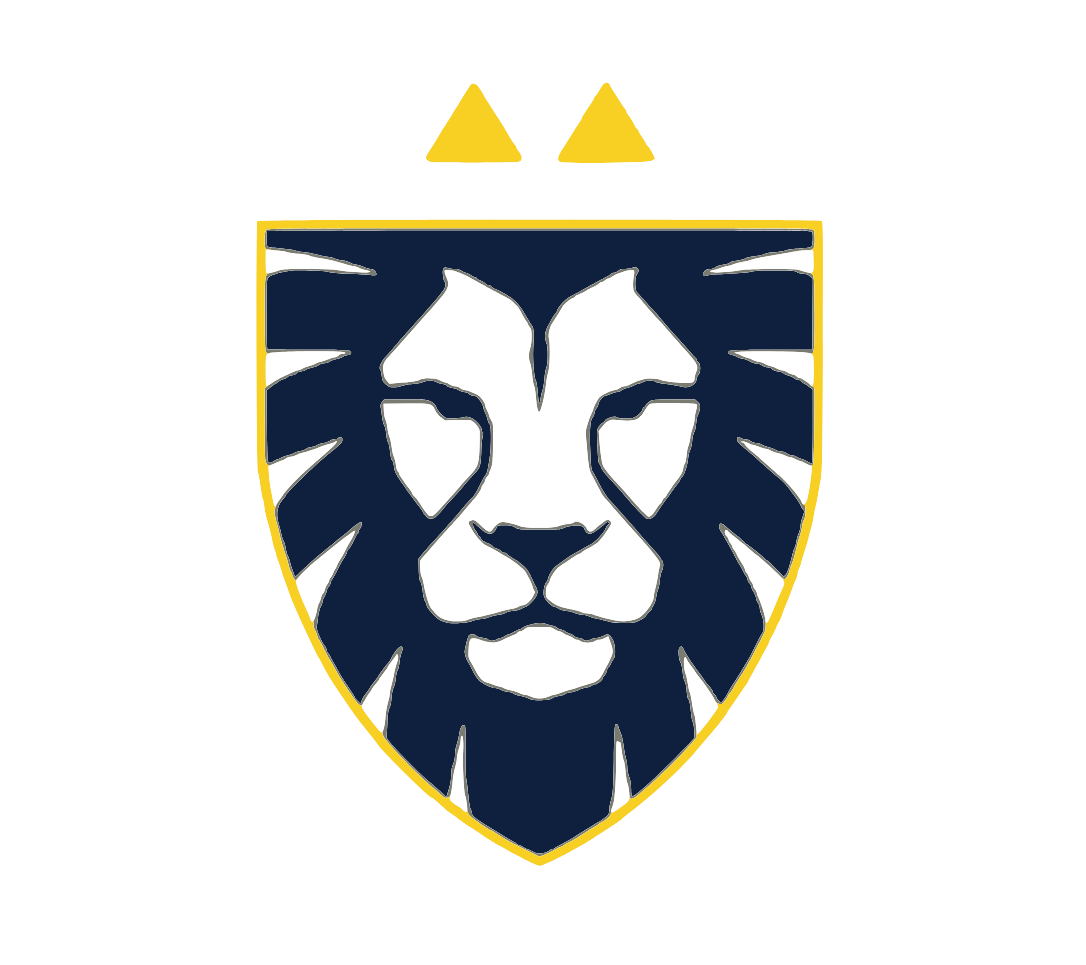 A navy blue shield with a lion's face outline in black, outlined in gold, and two gold triangles above the shield.
