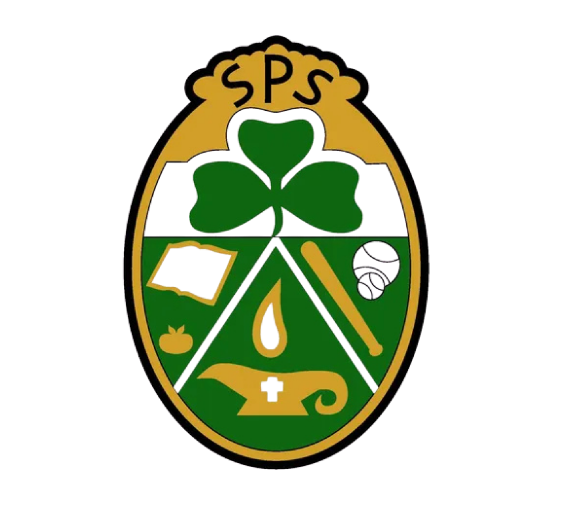 4-H emblem with a gold border, a green background, and symbols including a four-leaf clover, a gavel, a beaker, a tomato, a paint palette, a watering can, a hammer, and a crucifix.