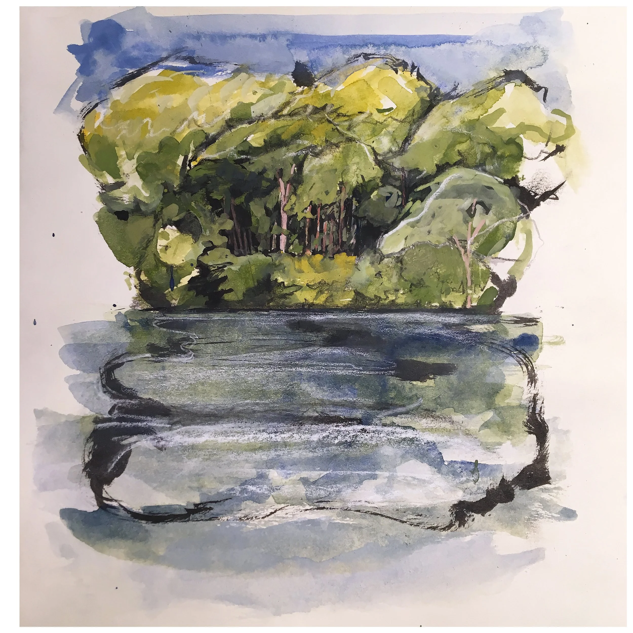 Watercolor painting of a lush green island with trees, reflected in calm water in the foreground, with a blue sky above.