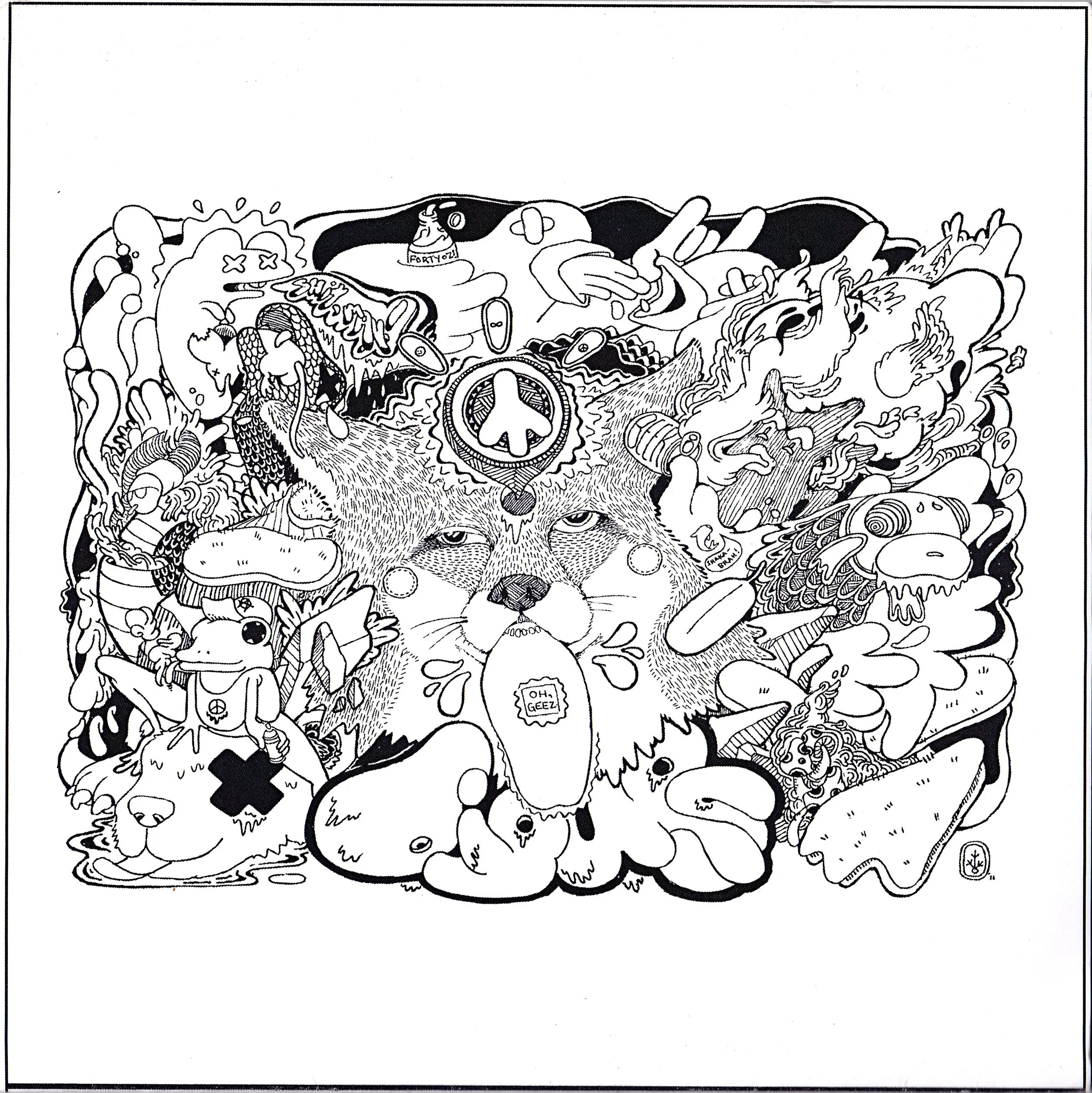 Black and white doodle art featuring an animal in the center with various quirky and abstract elements surrounding it, including peace signs, text, and patterns.