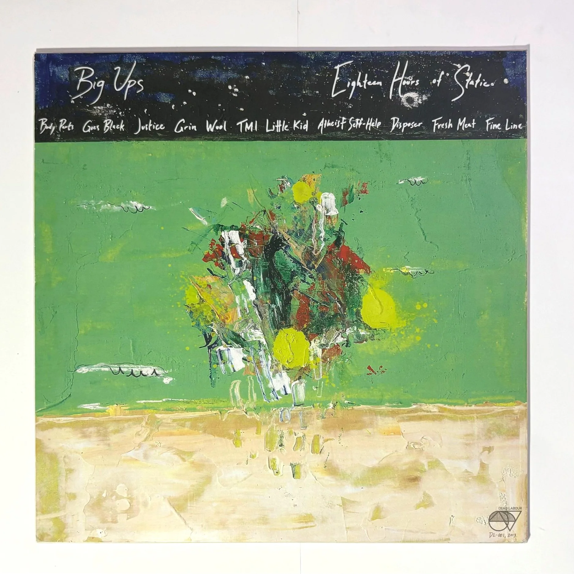 Abstract painting featuring a central clustered shape with splashes of green, yellow, black, red, white, and brown on a green background with a black header containing handwritten text.