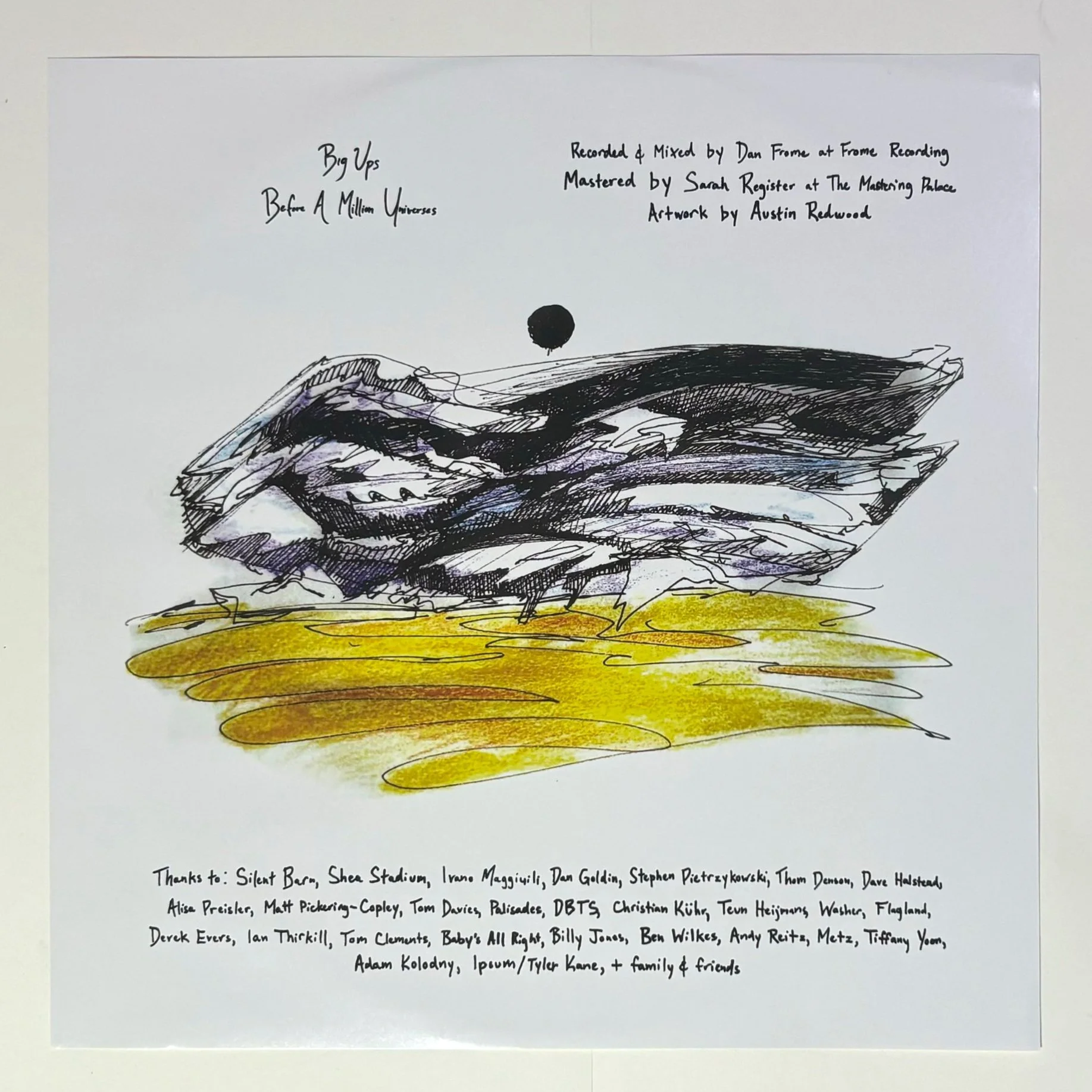 Colorful illustration of a large whale with a small black dot representing the sun or planet in the background, and some handwritten text around it acknowledging various contributors.