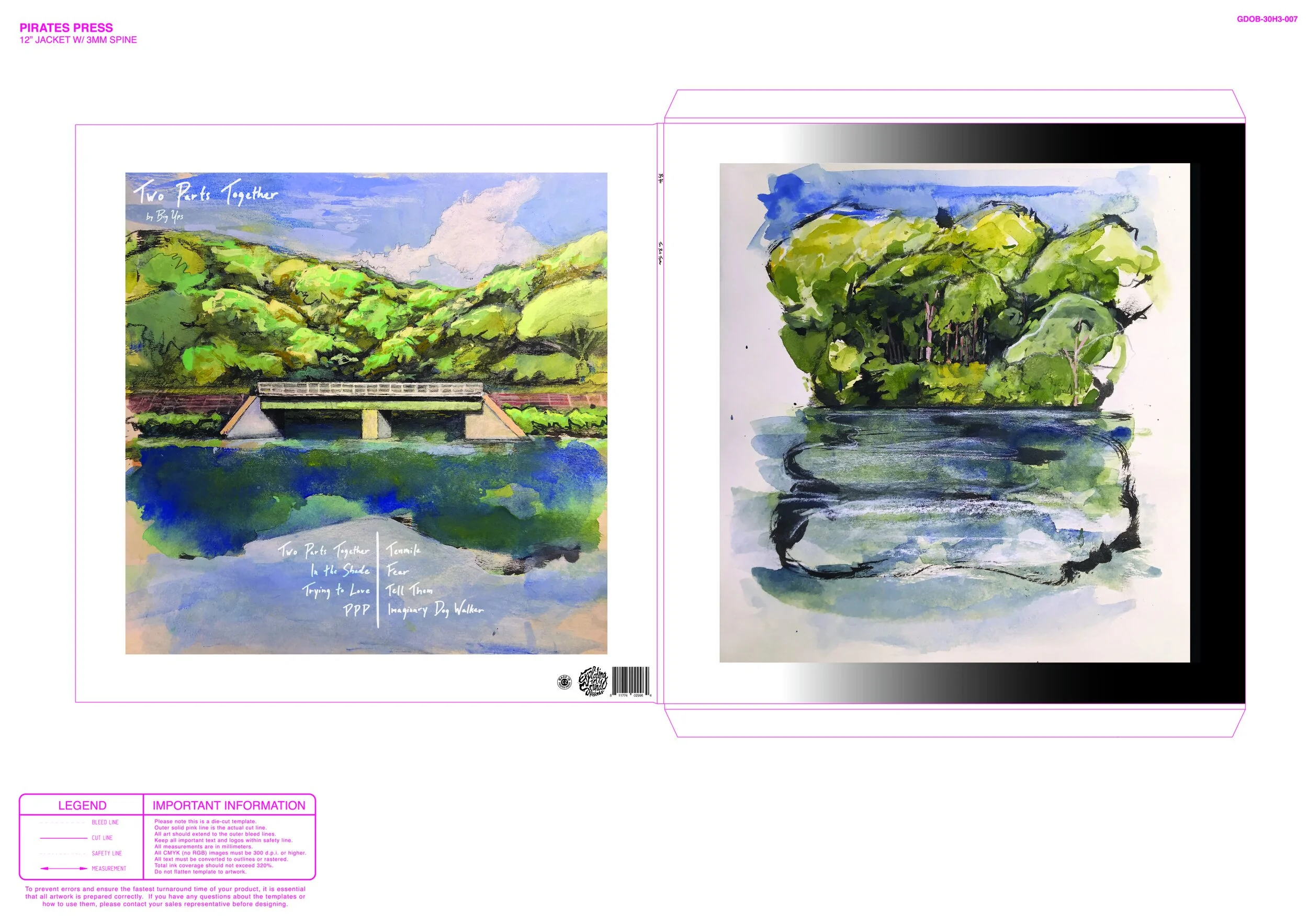 Two watercolor paintings of lush green landscapes with water and trees, featuring handwritten text on the left painting.