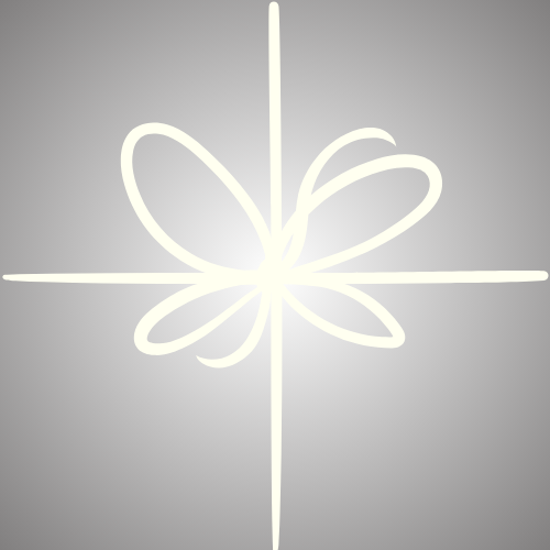 A white neon light sculpture of a butterfly with symmetrical wings and a cross-shaped background on a gray wall.