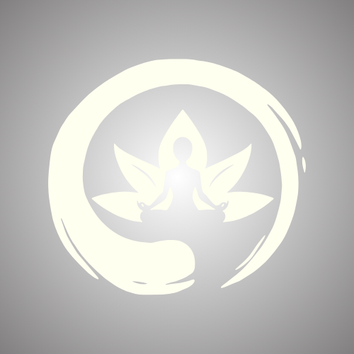 A white silhouette of a person sitting in a lotus position with plant-like imagery around them, enclosed in a circular brush stroke on a gray background.