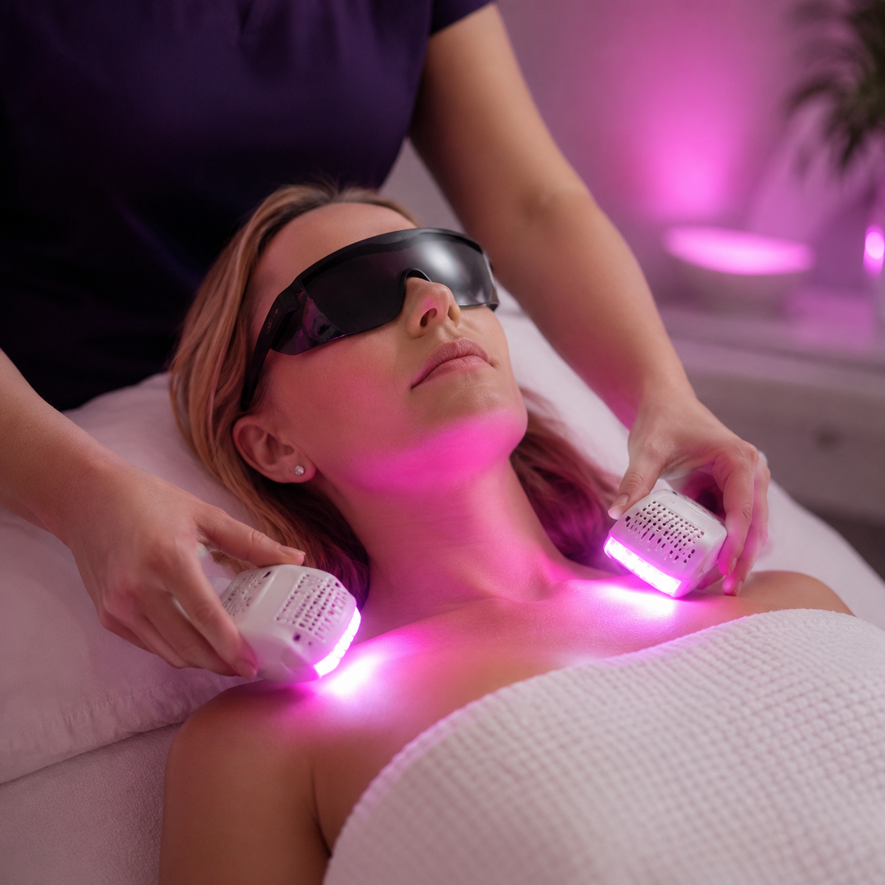A woman receives a facial treatment with LED light therapy using red and purple lights, wearing protective goggles, while lying on a treatment bed with a towel covering her chest, in a spa or clinic setting.