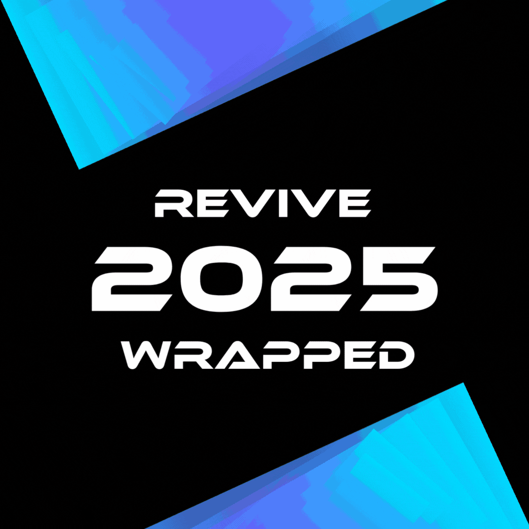 Digital graphic with blue geometric shapes, black background, and the text 'Revive 2025 Wrapped' in white bold font.