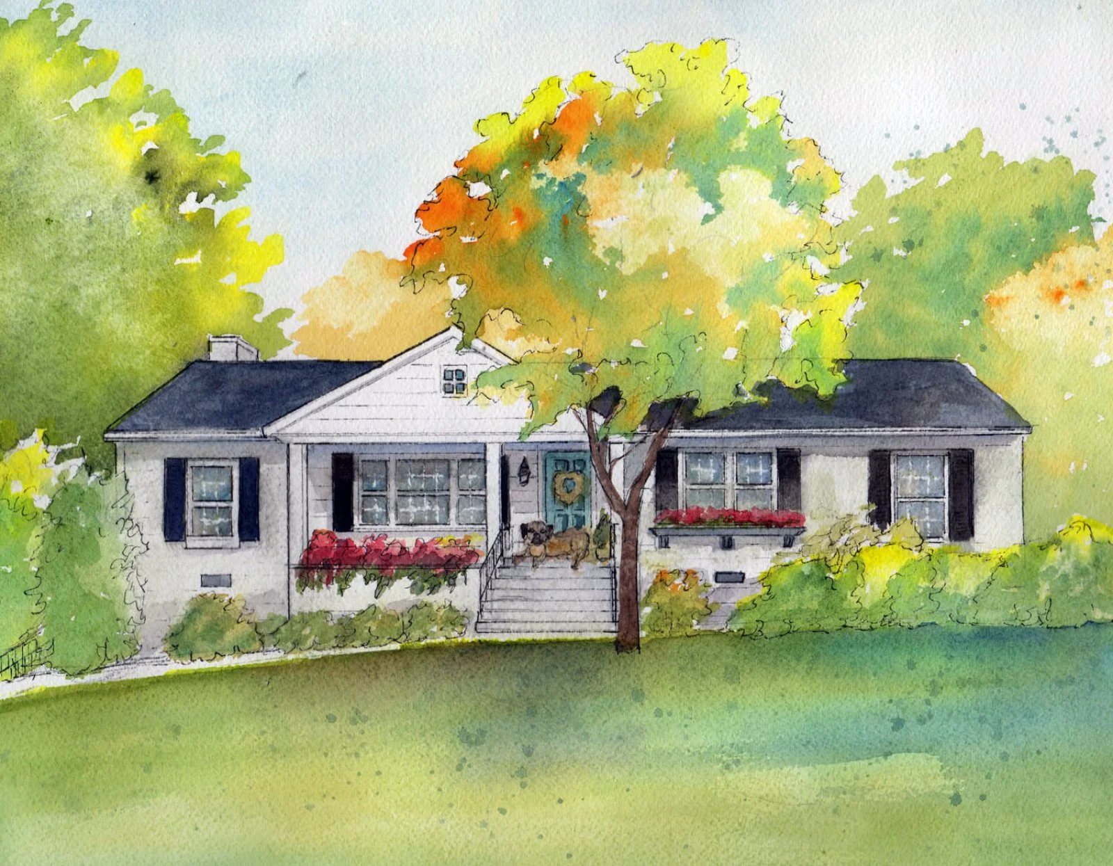 Watercolor painting of a house with a front porch, stairs, and a blue door, surrounded by trees and bushes with colorful foliage.