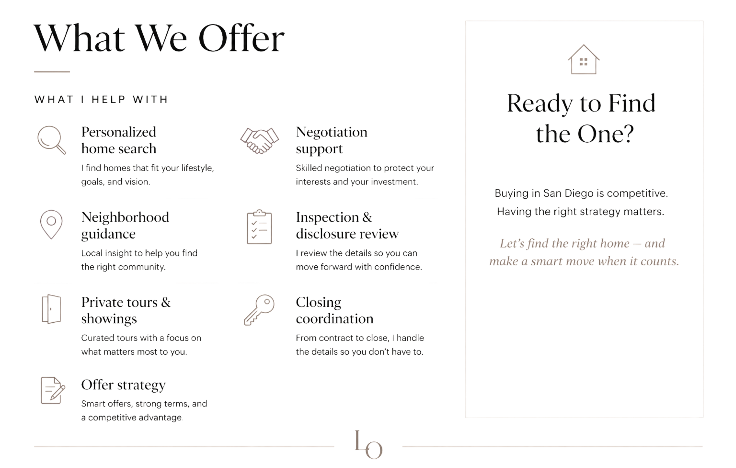 Website home page titled 'What We Offer' with sections about helping with home search, negotiation support, neighborhood guidance, private tours, closing conditions, and offer strategy.