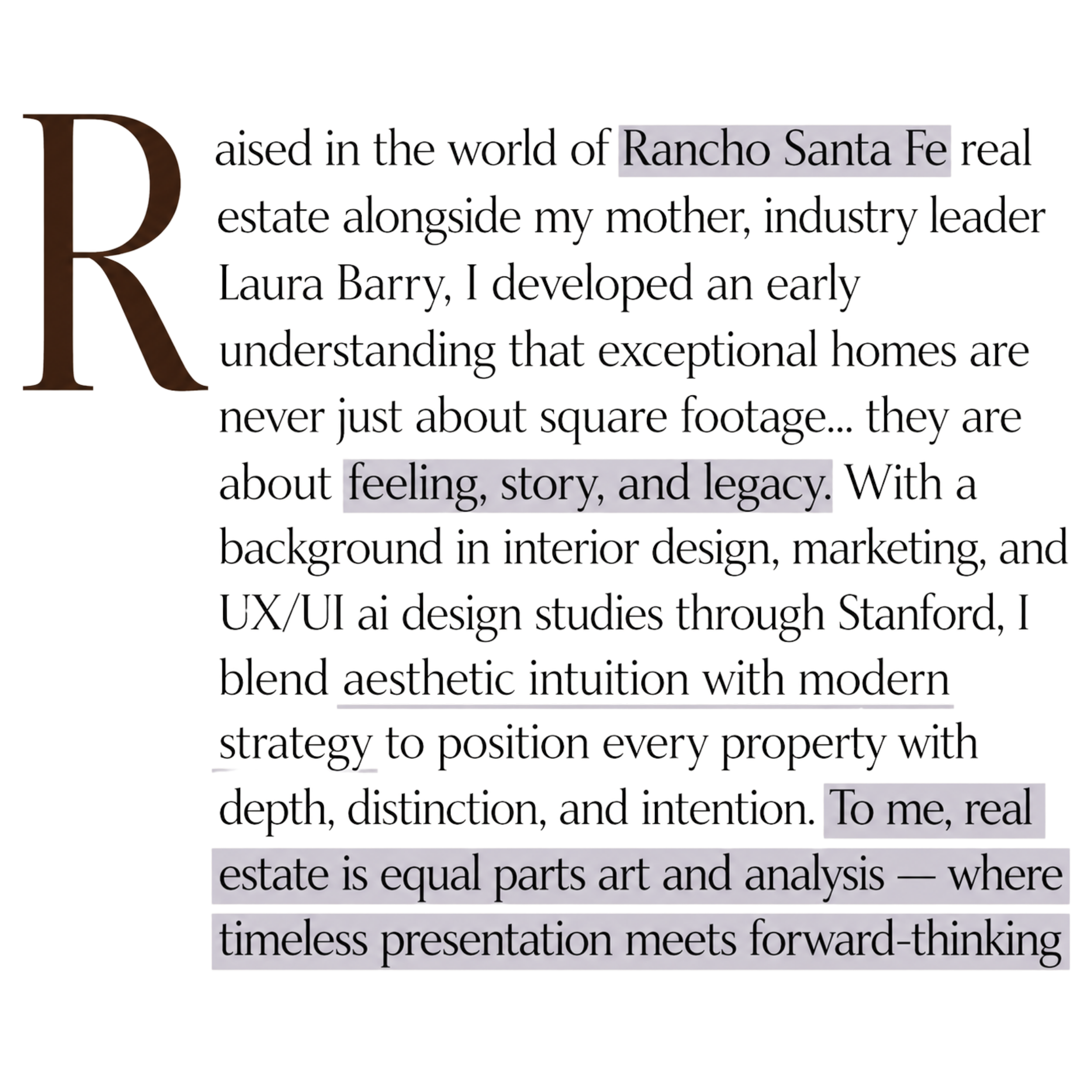Text excerpt about real estate and design principles, featuring a large decorative letter R.