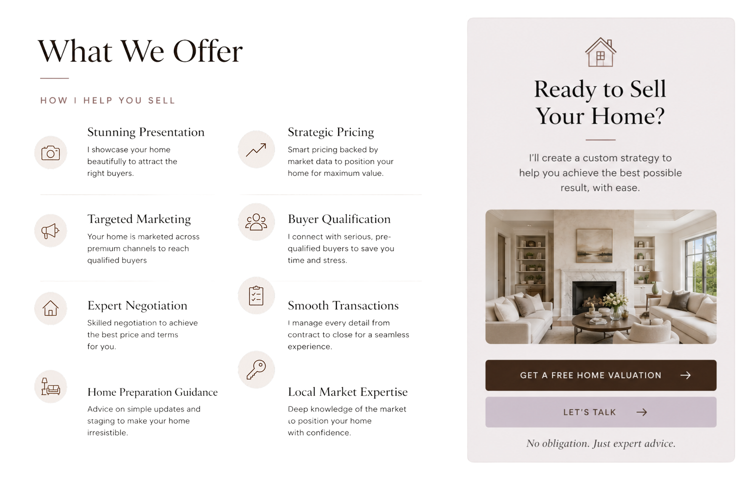 A website or app interface offering home valuation services, displaying various features like home presentation, marketing, negotiation, and local expertise, with a side panel showing a cozy living room with a fireplace and large windows.
