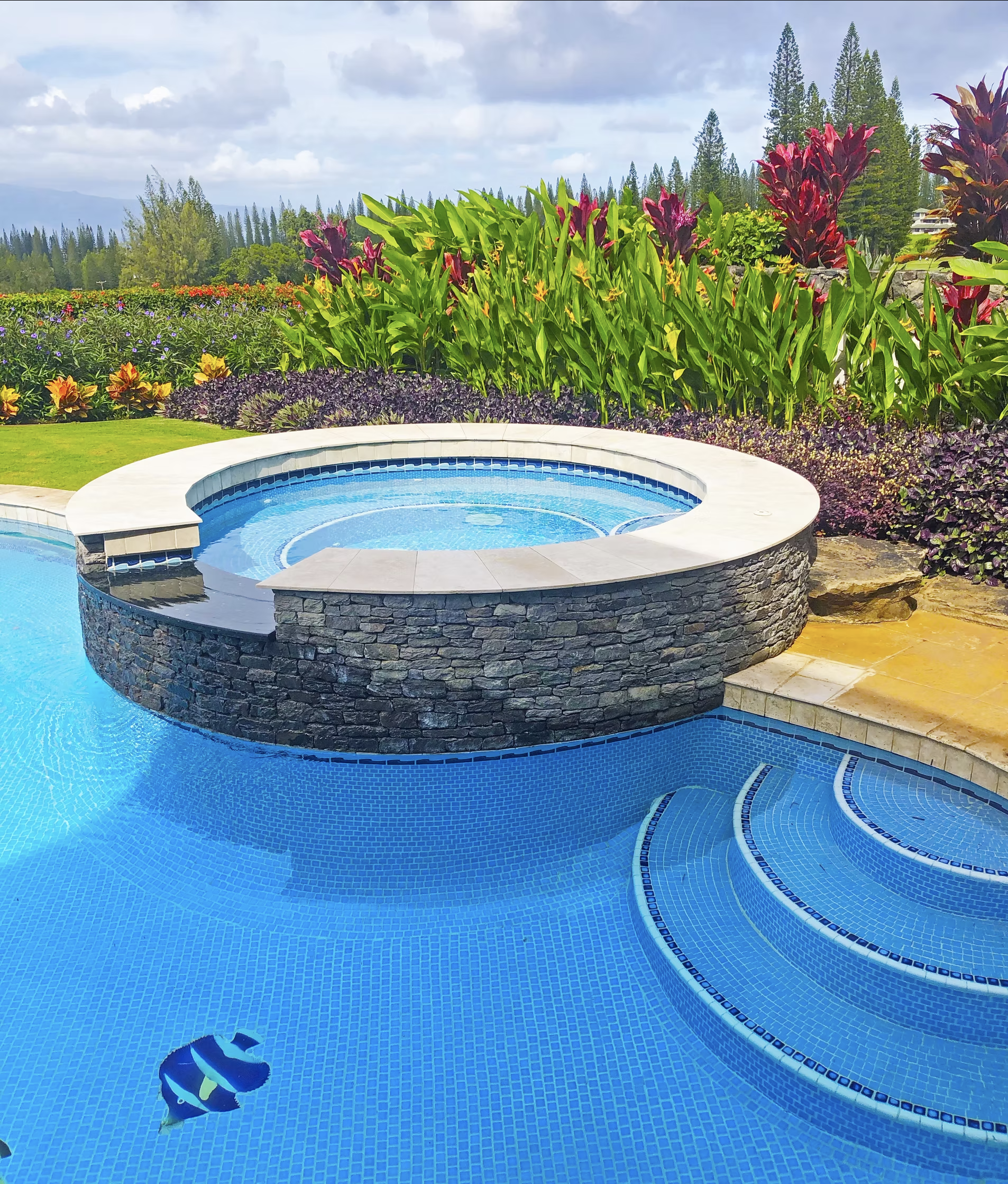 Spa and Pool have crystal clear water in a lush tropical backyard.