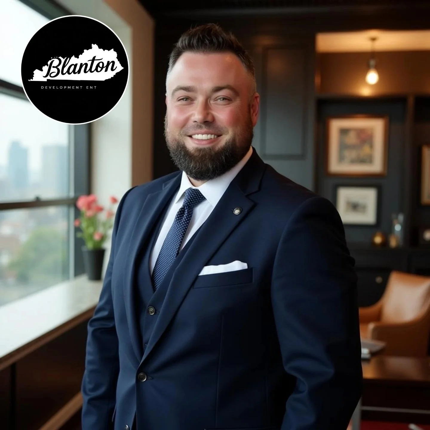 A man in a navy blue suit, white shirt, and blue tie, smiling in a professional setting with a cityscape view outside the window behind him. There is a logo with the text 'Blanton Development Ent' on the upper left corner.