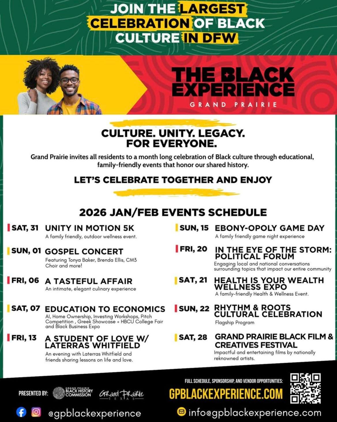When you register for the Unity in Motion 5K on January 31st at The Epic in Grand Prairie, you get to impact the community in a BIG way.

Your generous donations help fund The Black Experience Grand Prairie. the commission that plans Black History an