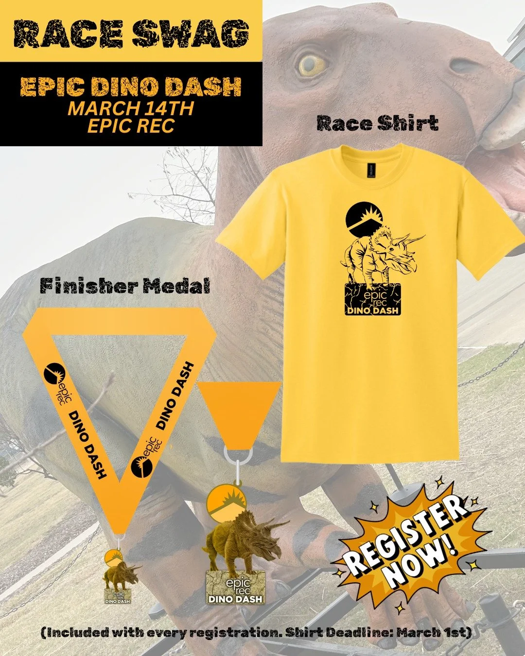 Dino Dash Swag Reveal 🦖
Look good. Run fast. Try not to get extinct. ☄️ Check out the official 2026 Epic Dino Dash swag! From the breathable tech-tee to the heavy-metal medal, we&rsquo;ve got you covered.
🏅 Medal Status: 10/10 👕 Shirt Comfort: 10/