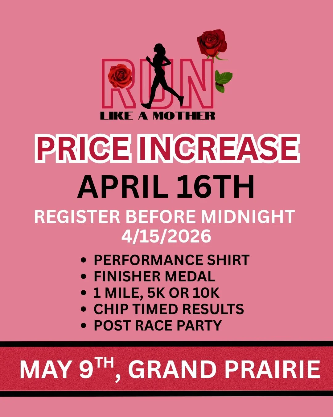 We know your schedule is packed, but don't let this slide off the to-do list. You deserve that finish line feeling Mother's Day Weekend!

Lock in your spot for Run Like a Mother before the price increases on April 16th. Think of the money you save as