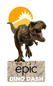 Book cover titled 'The Epic Dino Dash' featuring a realistic Tyrannosaurus rex standing on rock, with a colorful abstract background.