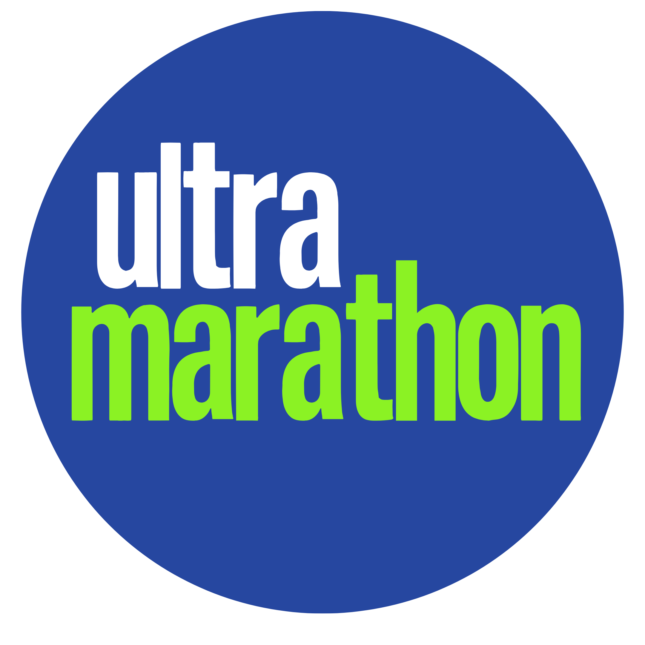 Logo for ultra marathon with blue circle background, white 'ultra' text, and bright green 'marathon' text.