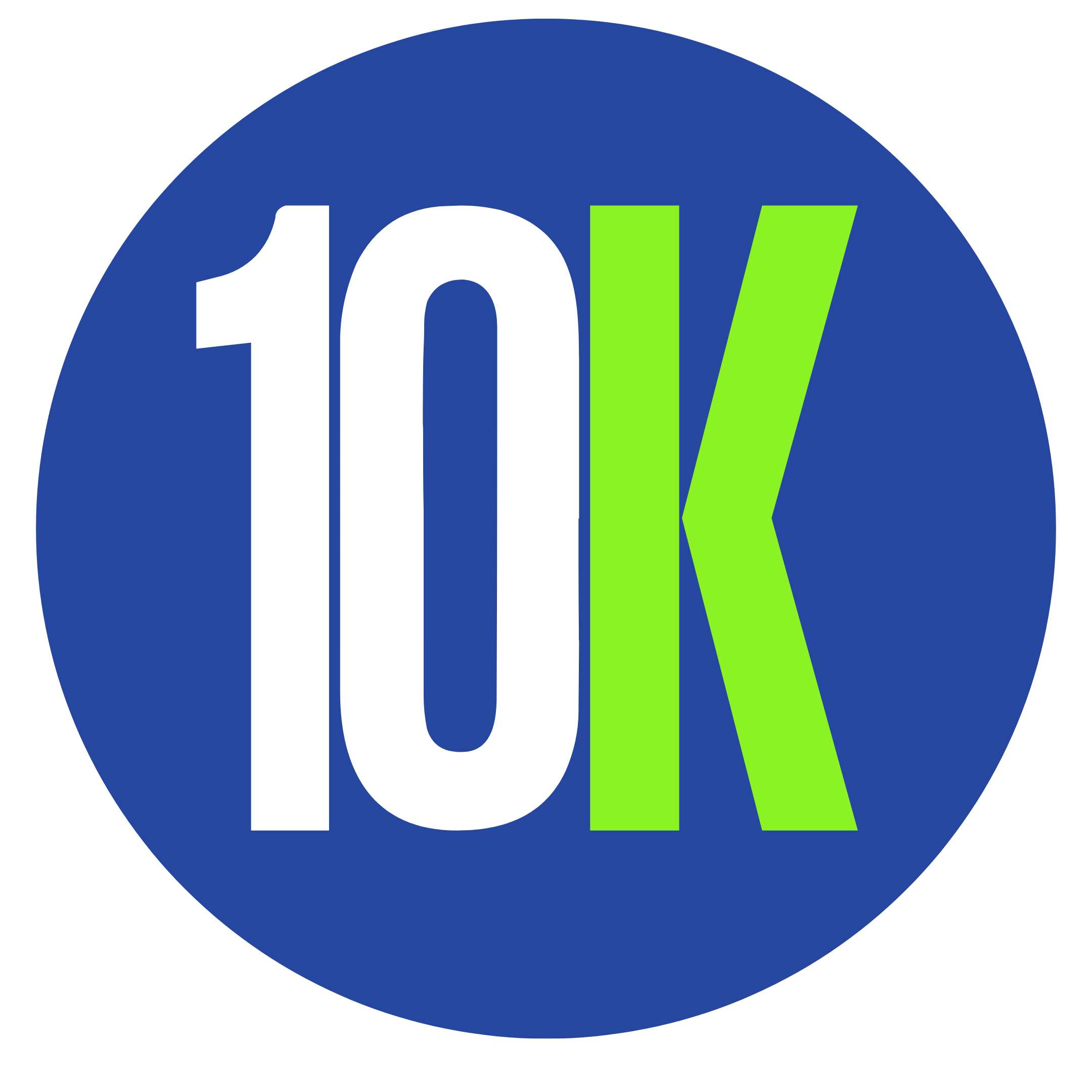 A circular logo with a dark blue background, displaying '10K' in large white and lime green letters.