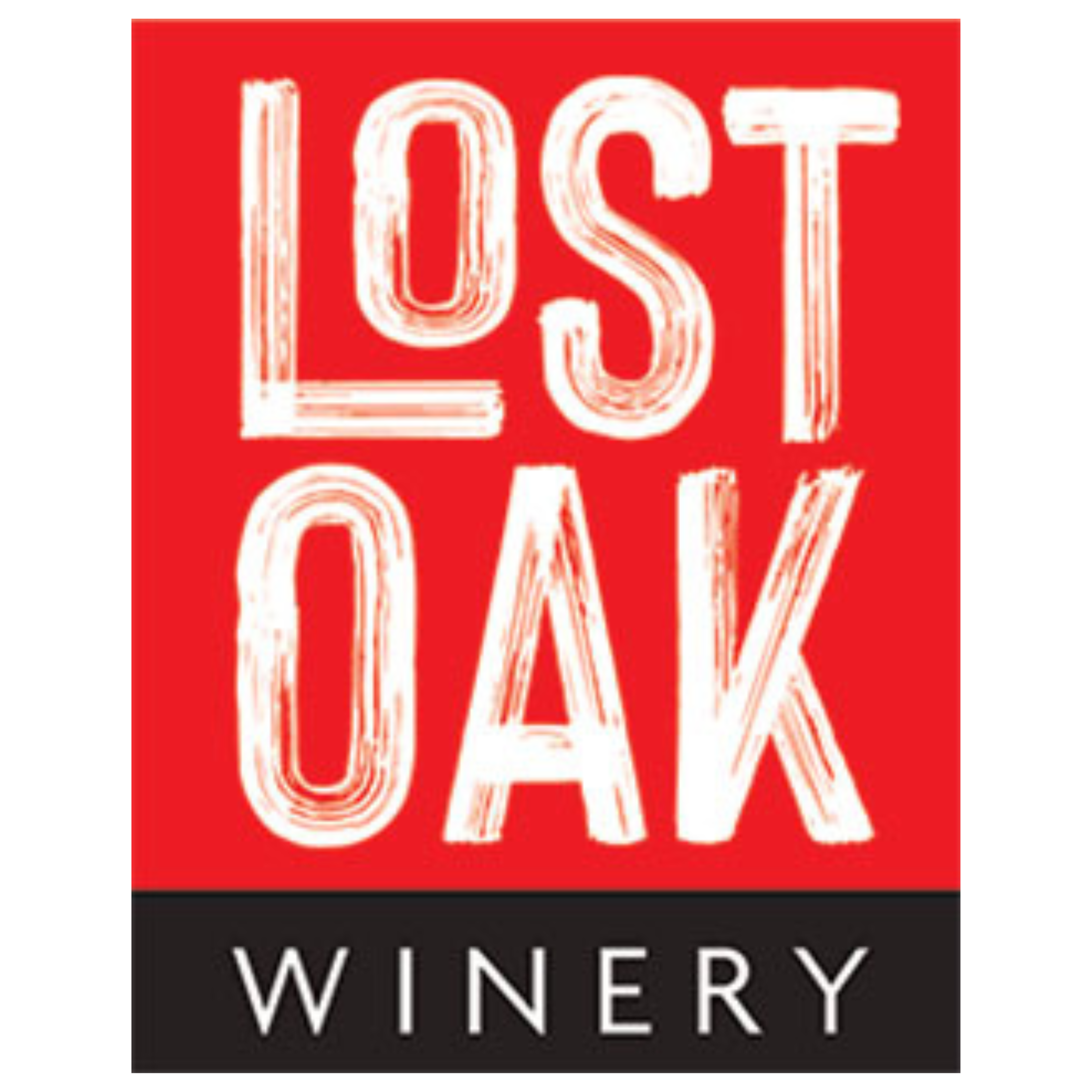 Logo of Lost Oak Winery with red background, white textured text, and black band at bottom with white 'WINERY' text