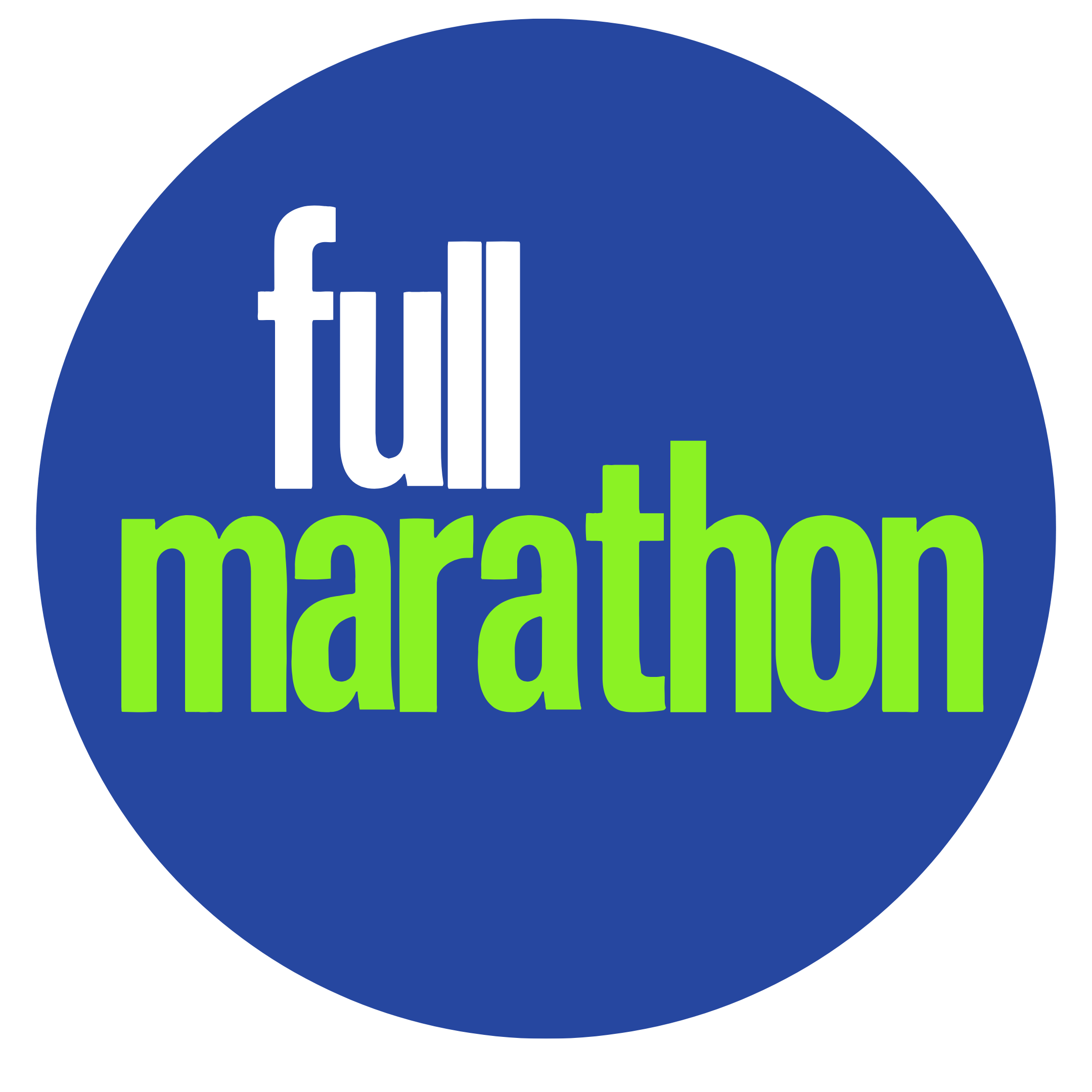 Logo for full marathon with a blue circular background, the word 'full' in white above 'marathon' in green.