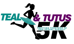 Logo for TEAL & TUTUS campaign featuring a silhouette of a woman running and holding a tutu, with the text 'TEAL & TUTUS' and 'Fighting Together to End Sexual Assault'.