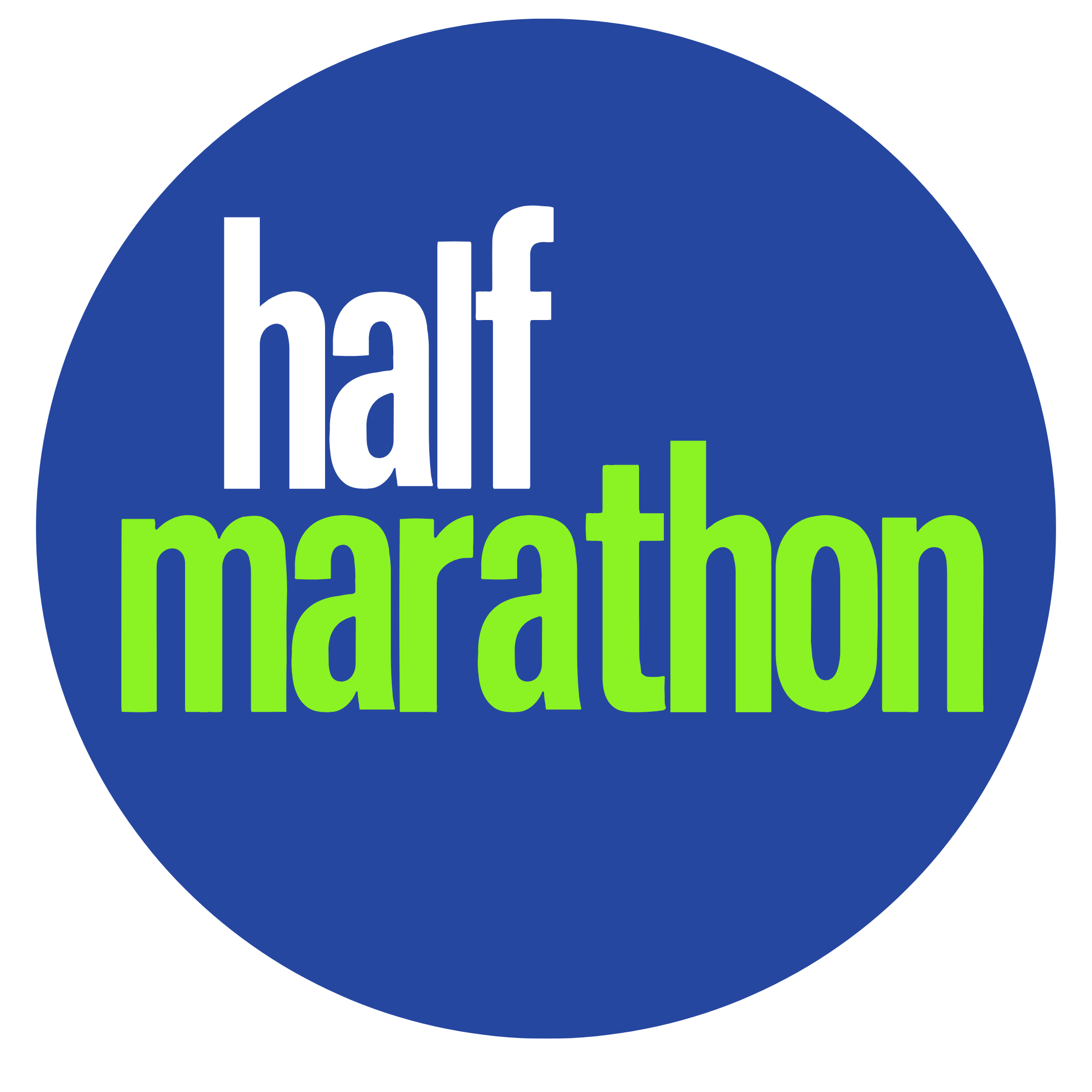 Logo for the half marathon with blue circle background, the words 'half marathon' in large white and green text.