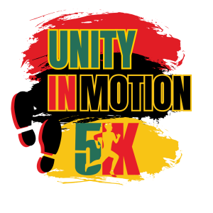 Graphic with red, yellow, and black background featuring the text 'Unity in Motion 5K' in bold, colorful letters.
