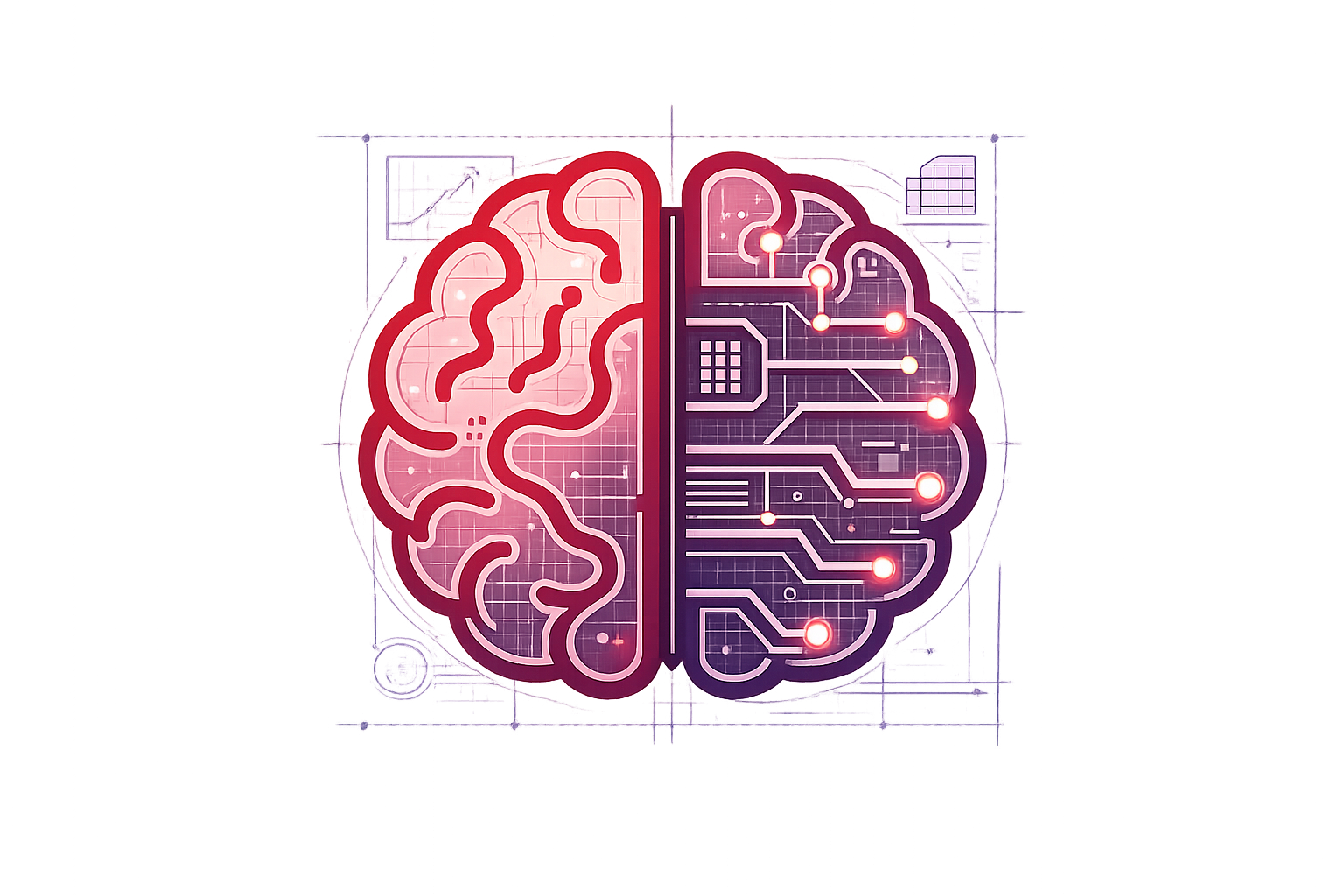 Illustration of a human brain with a blue print design etched onto it, symbolizing systems, plans and architecture.
