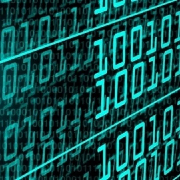 Binary code digits in teal on a black background