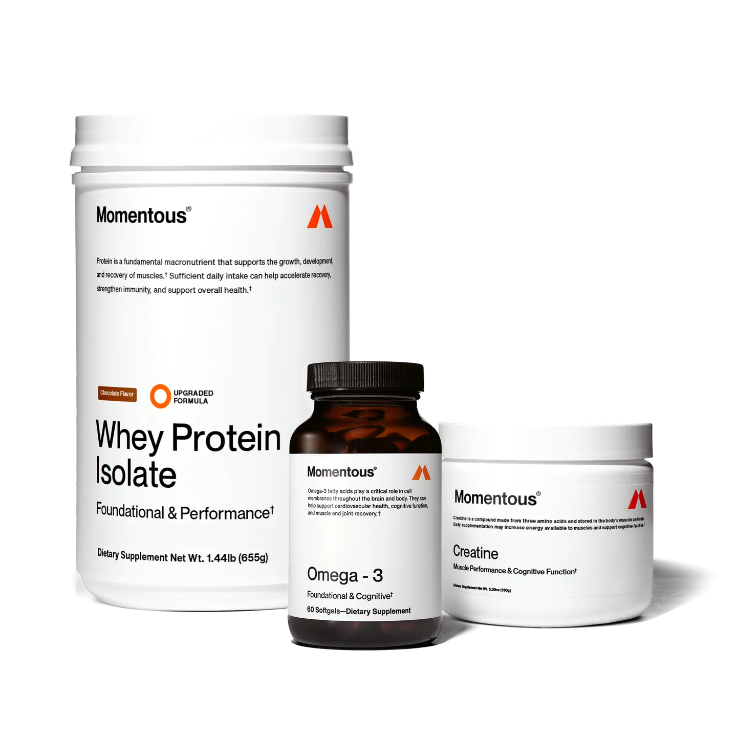 Assorted dietary supplements from Momentum including whey protein isolate, omega-3 softgels, and creatine powder.