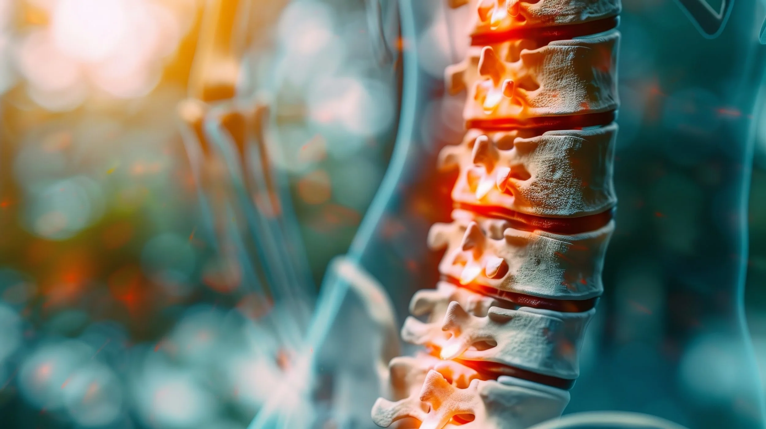Close-up image of a spine with illuminated vertebrae, highlighting the bones and discs in a medical or anatomical display.