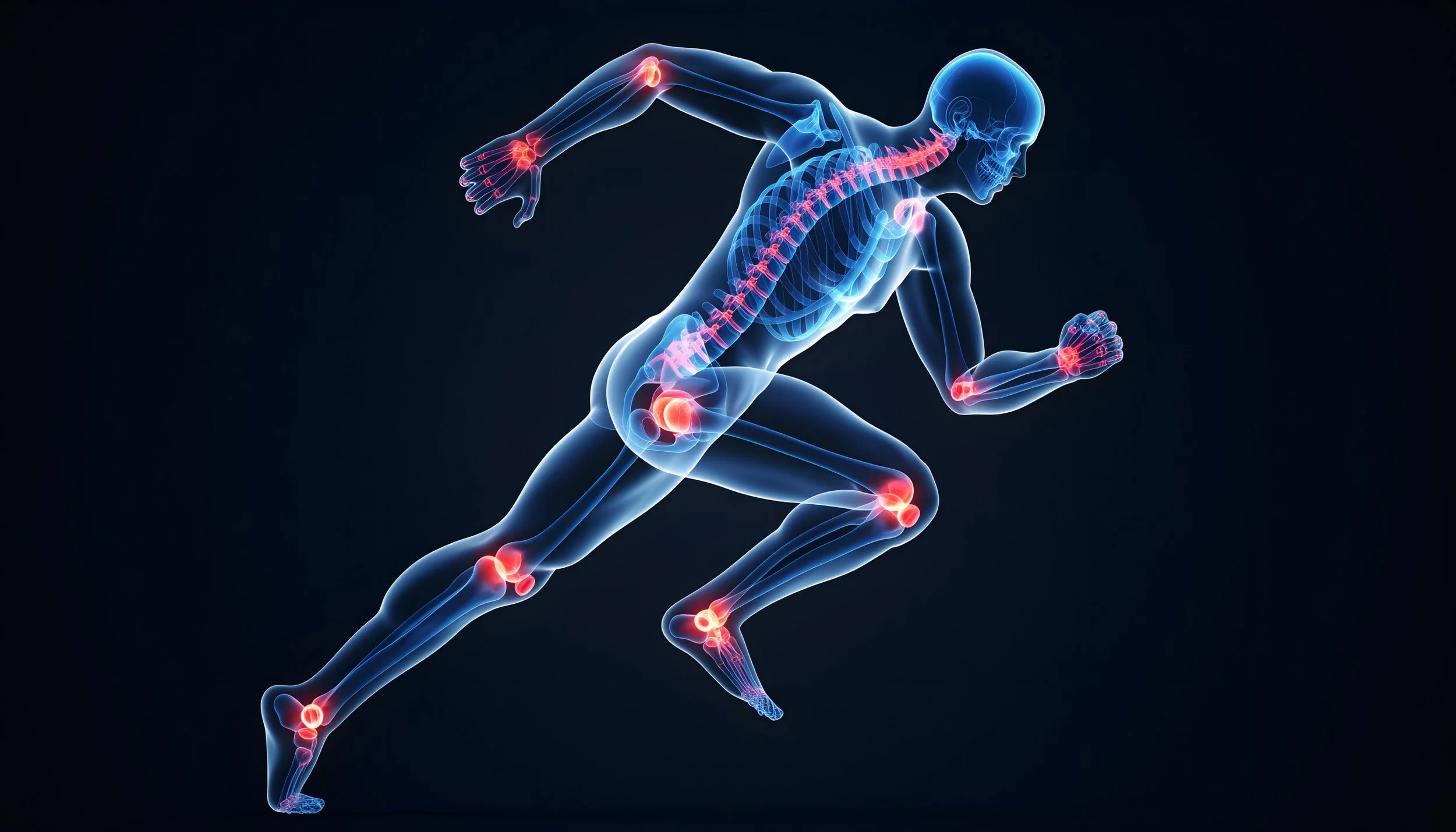 An illustration of a human figure running with highlighted joints indicating possible pain or injury points.