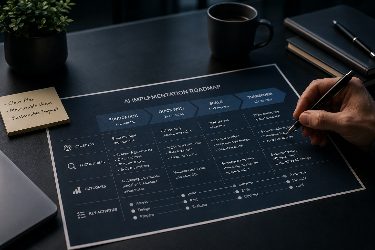 AI implementation roadmap showing phased progression from foundations to transformation