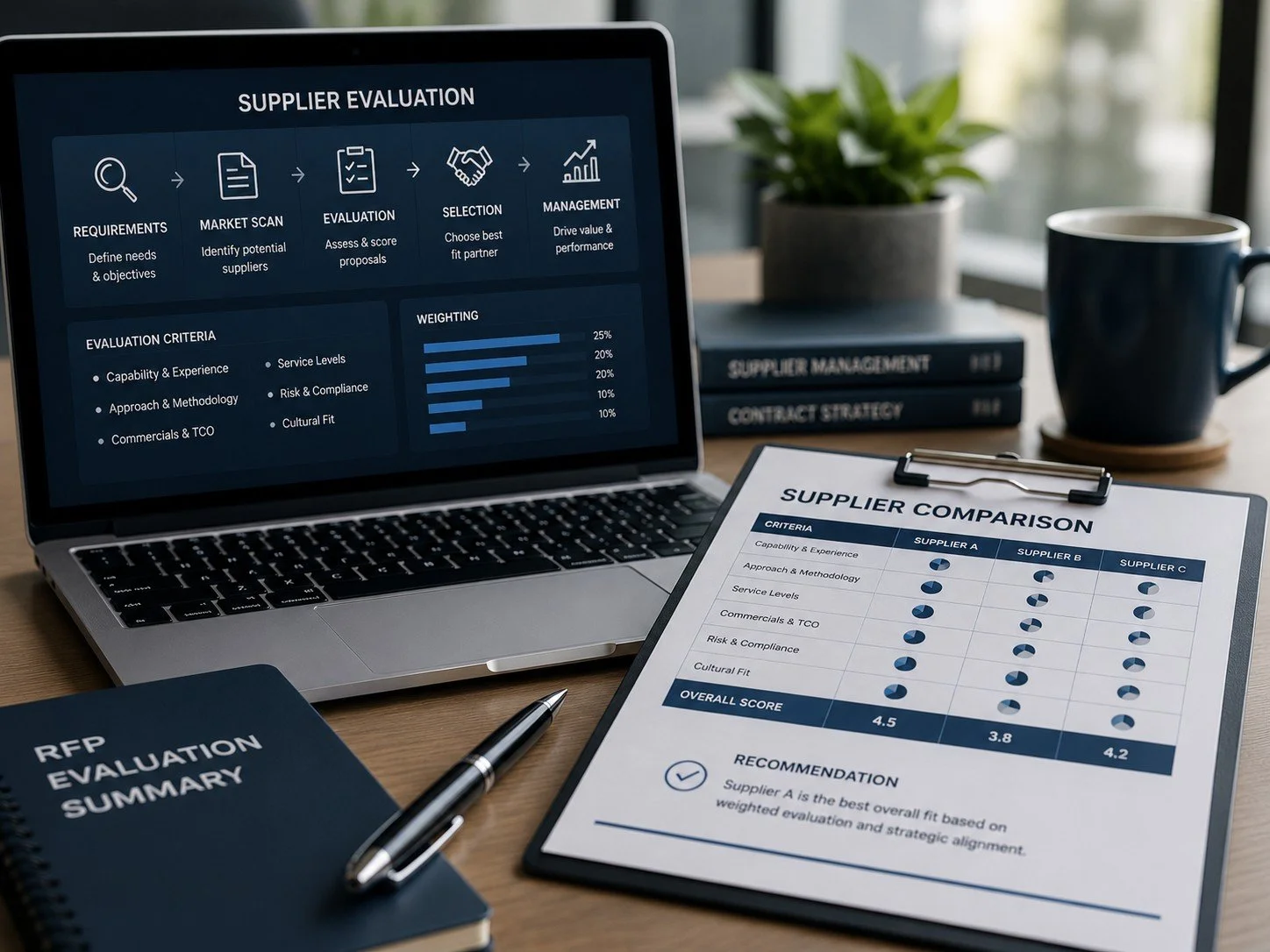Supplier evaluation and comparison representing commercial and supplier management consulting