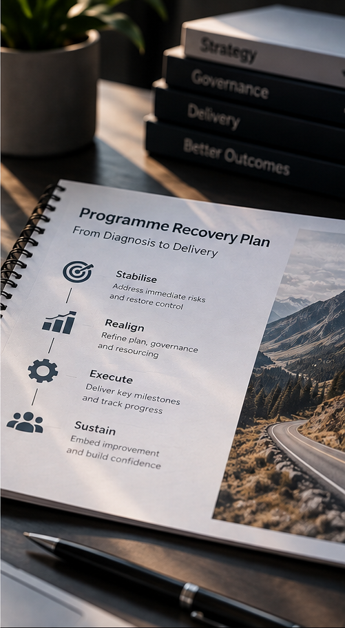 Programme recovery plan outlining stabilisation, realignment, execution and sustained improvement
