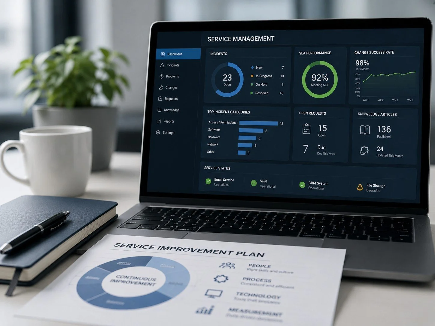 IT service management dashboard and continual service improvement plan
