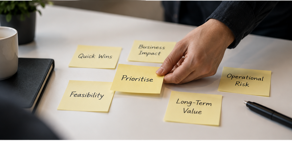 IT service improvement priorities being assessed against business impact, feasibility and operational risk