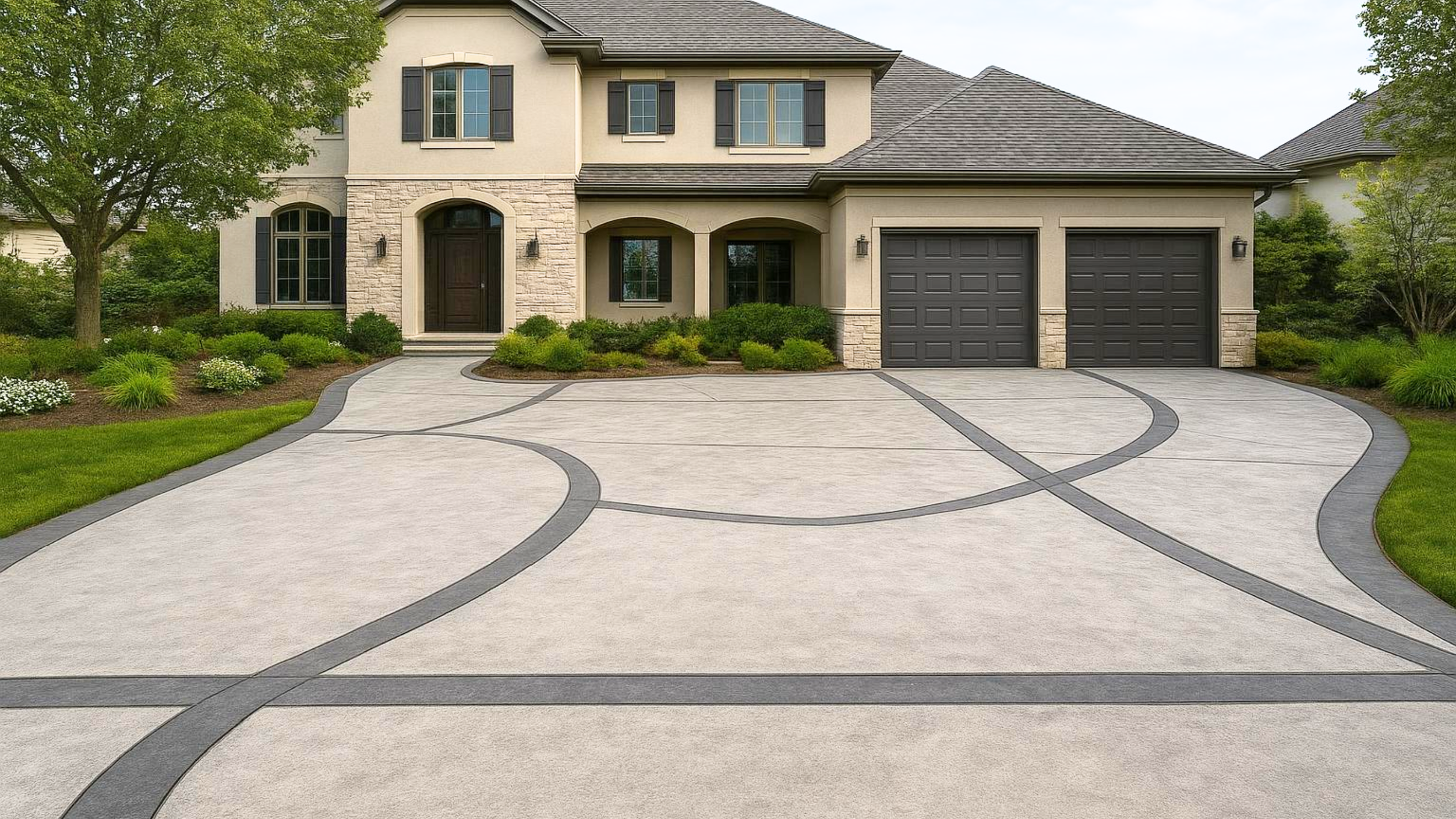 Stamped concrete driveway with stone pattern design for decorative residential exterior