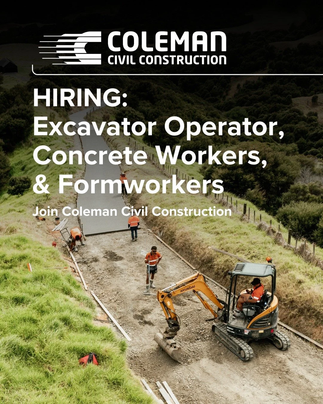 They&rsquo;re in full swing at Coleman Civil!

We&rsquo;re on the lookout for multiple roles with an immediate start:

&bull; Concrete Placers &amp; Formworkers
&bull; Excavator Operators

If you want to join a fast-moving crew working on projects ac