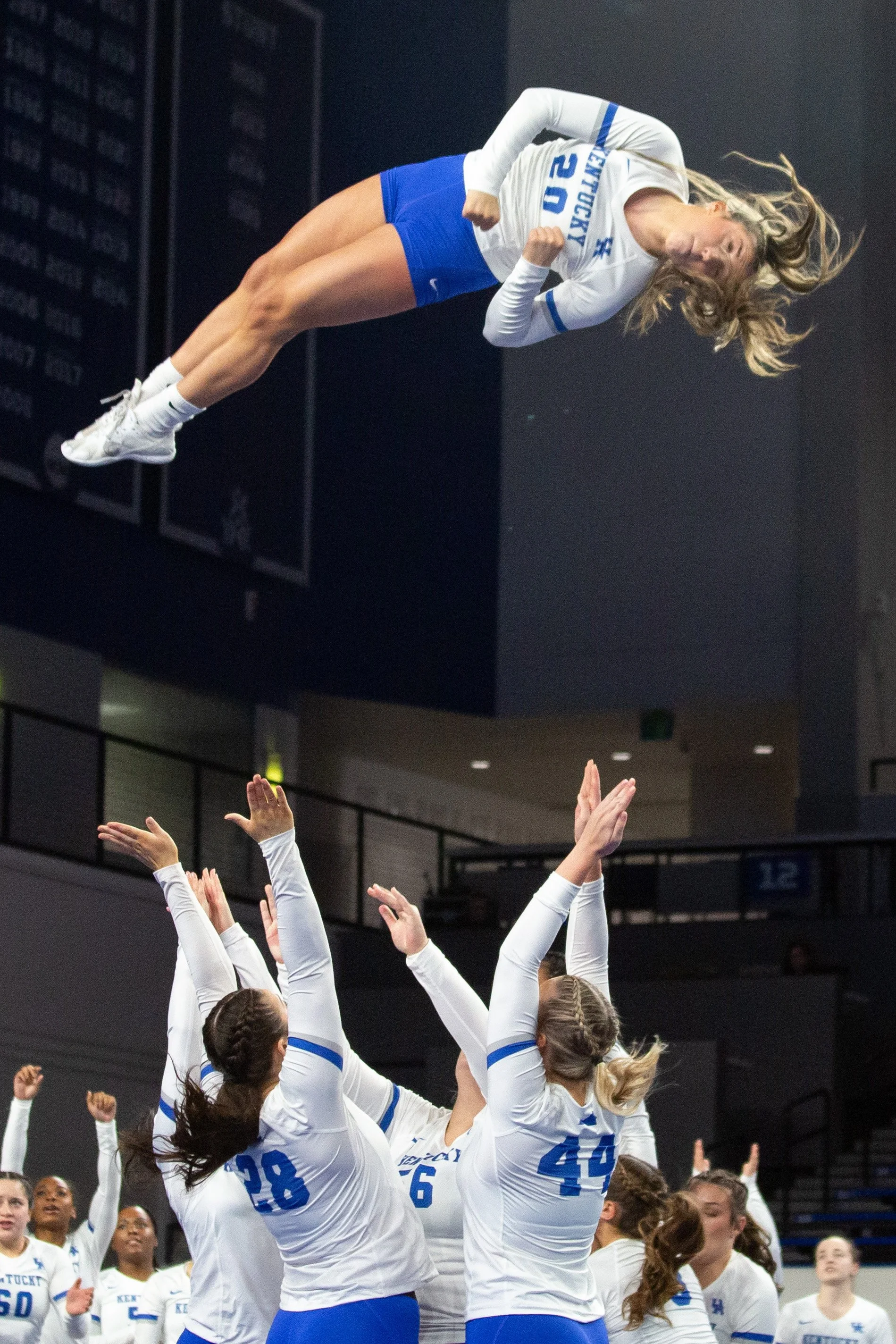 A women's volleyball team in white and blue uniforms set up for a spike while a teammate leaps into the air to hit the ball during a game.
